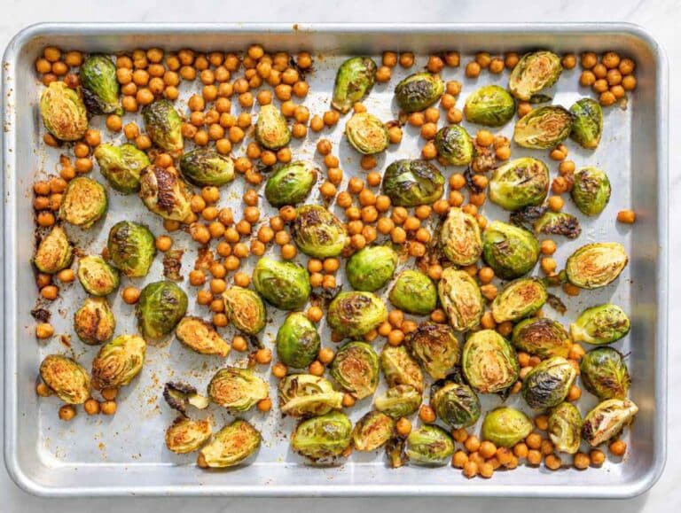 Step 1 Brussels sprouts and chickpeas roasted until browned and lightly charred.