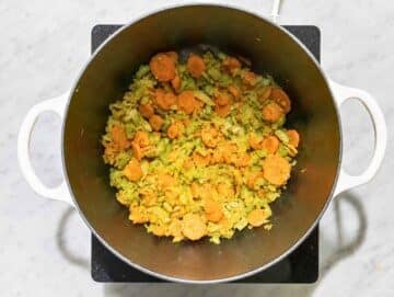 Step 1 Onion, carrots, and celery sautéed with garlic, turmeric, and oregano