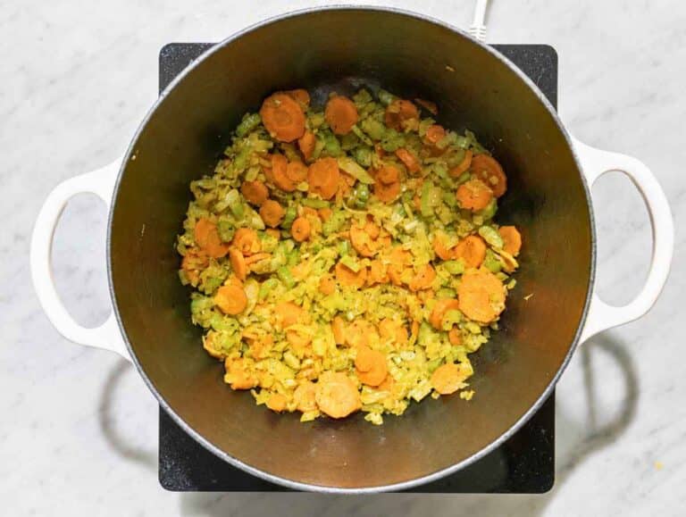 Step 1 Onion, carrots, and celery sautéed with garlic, turmeric, and oregano