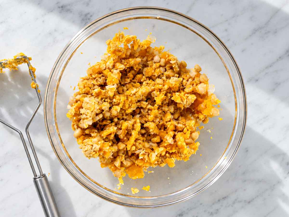 Step 2 Chickpeas mashed with butternut squash, leaving some pieces chunky.