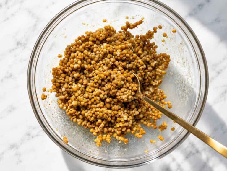 Step 2 Rinsed lentils tossed with honey mustard dressing and left to marinate.