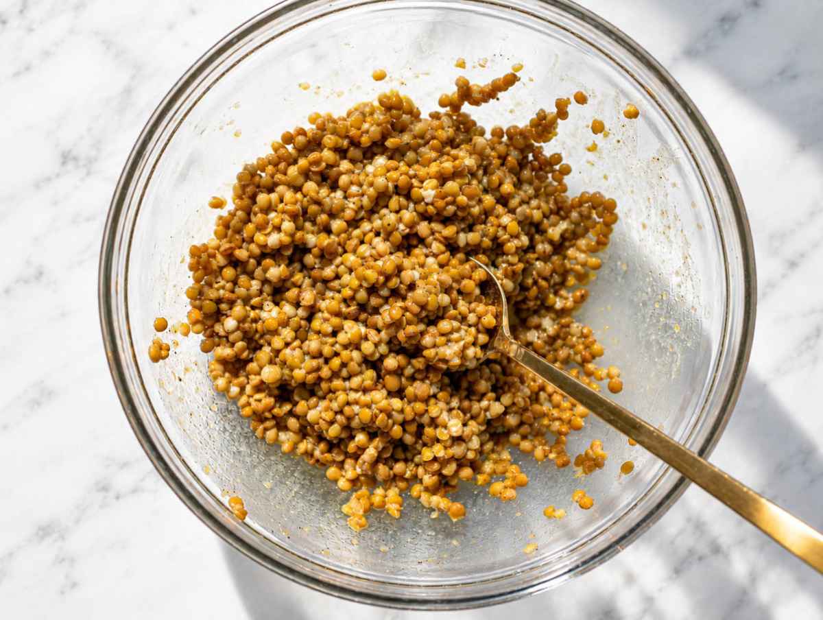 Step 2 Rinsed lentils tossed with honey mustard dressing and left to marinate.