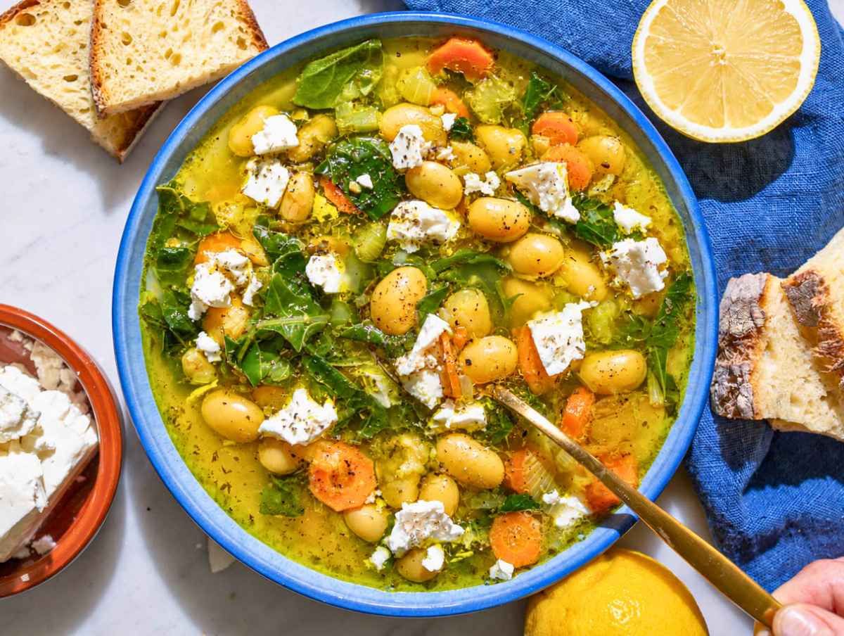 Step 4 Lemon butter bean soup topped with feta, pepper, and olive oil
