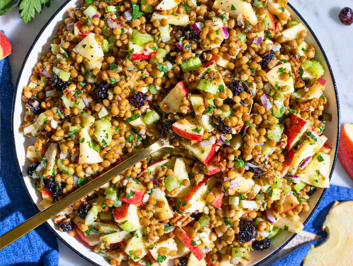 Step 4 Lentil apple salad tossed until glossy and evenly coated with dressing.
