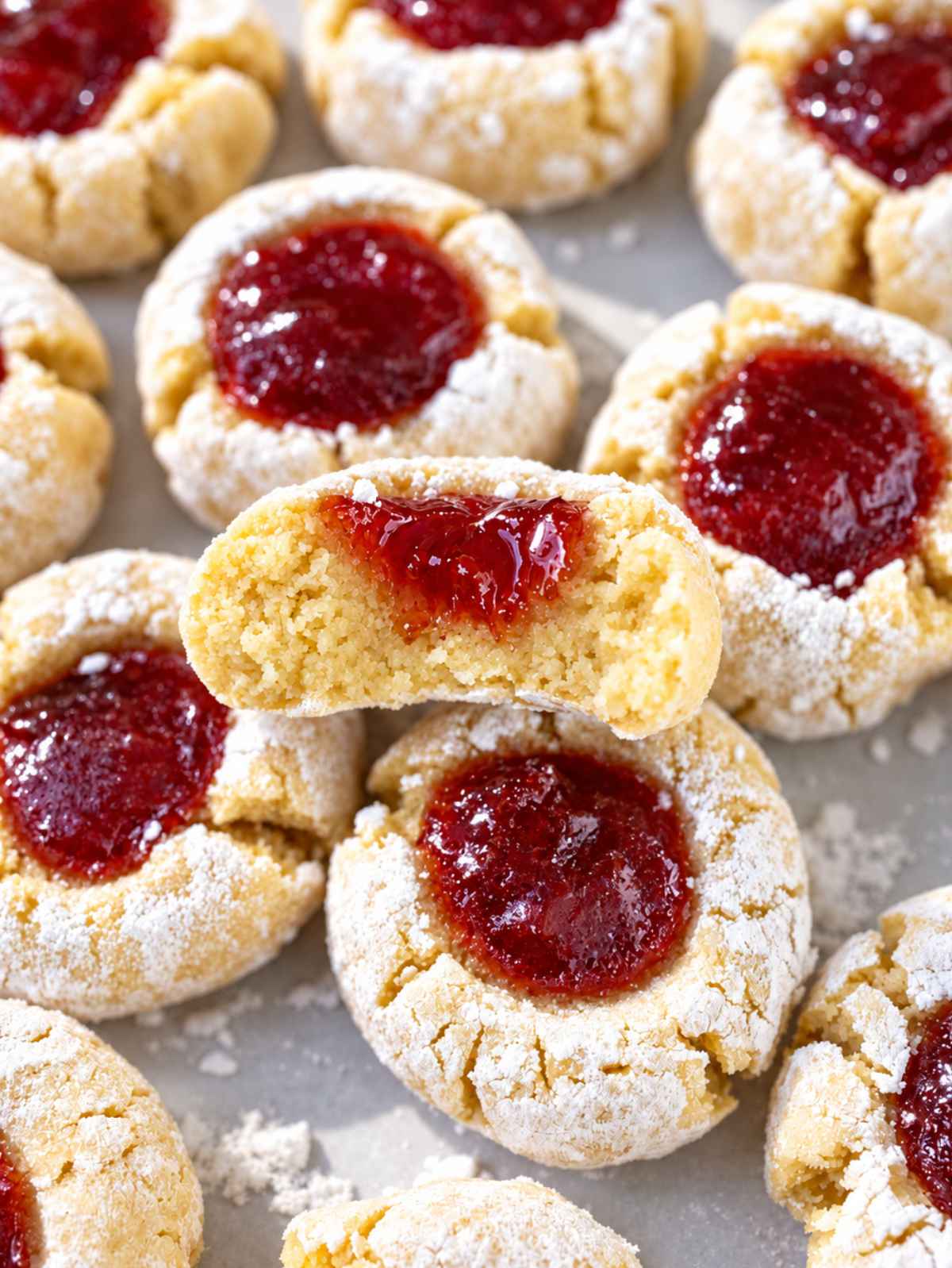 A bitten almond thumbprint cookie on a tray of jam-filled cookies.