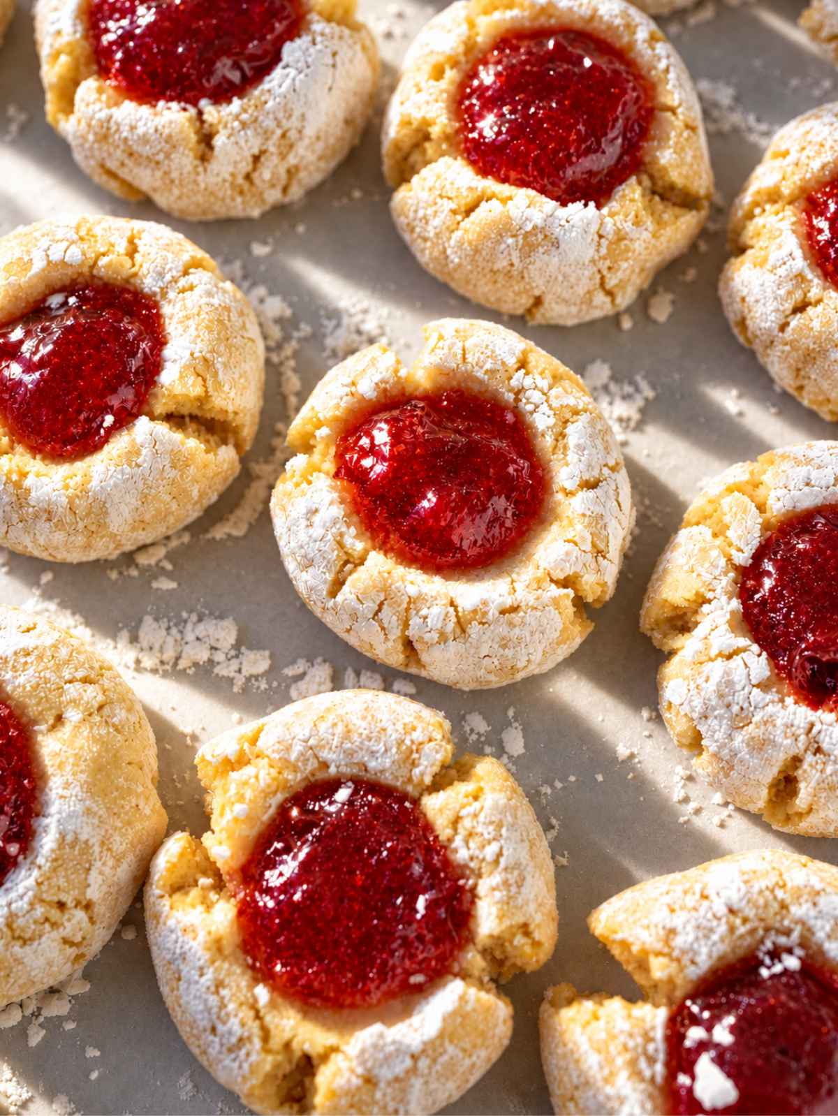 Almond flour thumbprint cookies with glossy raspberry jam and cracked sugar coating