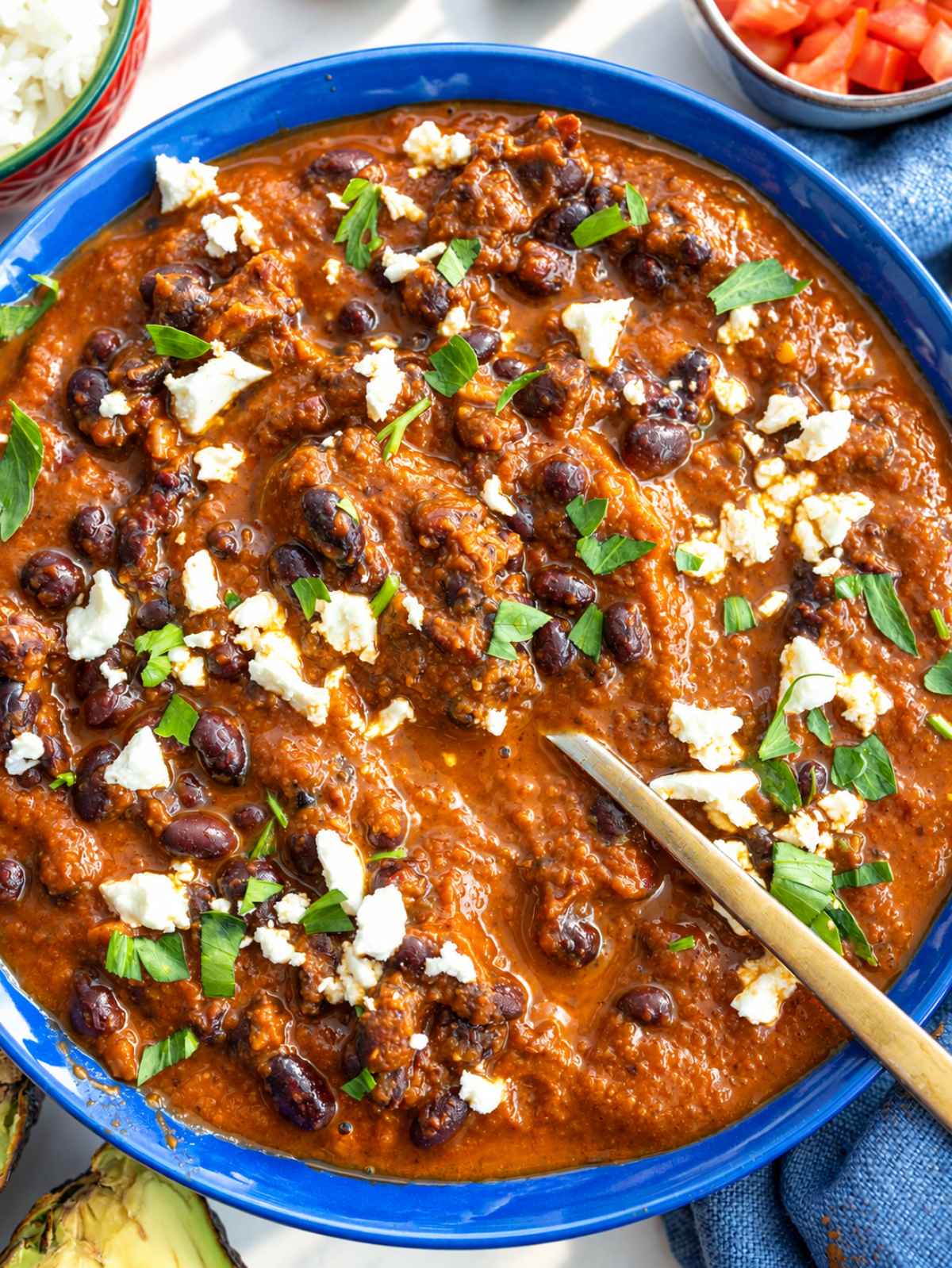 Black bean stew with feta, cilantro, and lime.