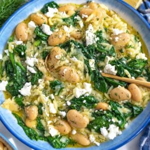 Bowl of Greek butter beans orzo topped with feta and fresh dill.
