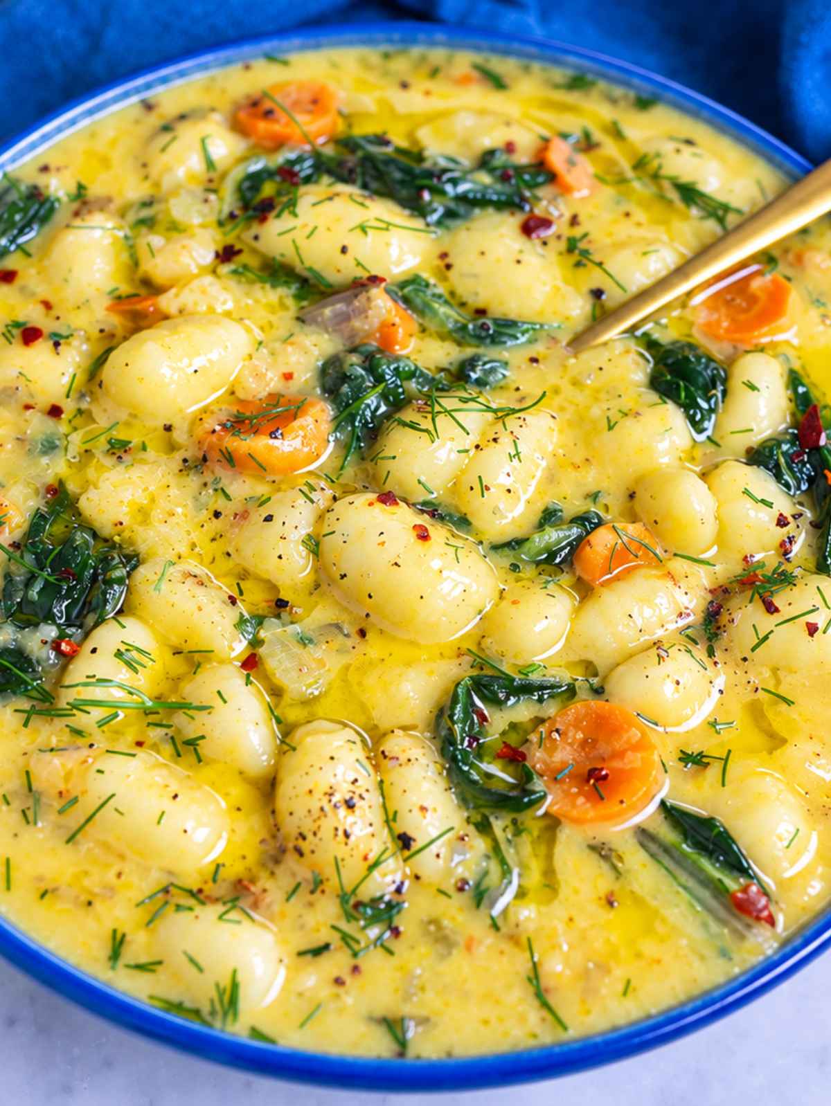 Close-up of glossy gnocchi, white beans, carrots, spinach, and creamy broth.