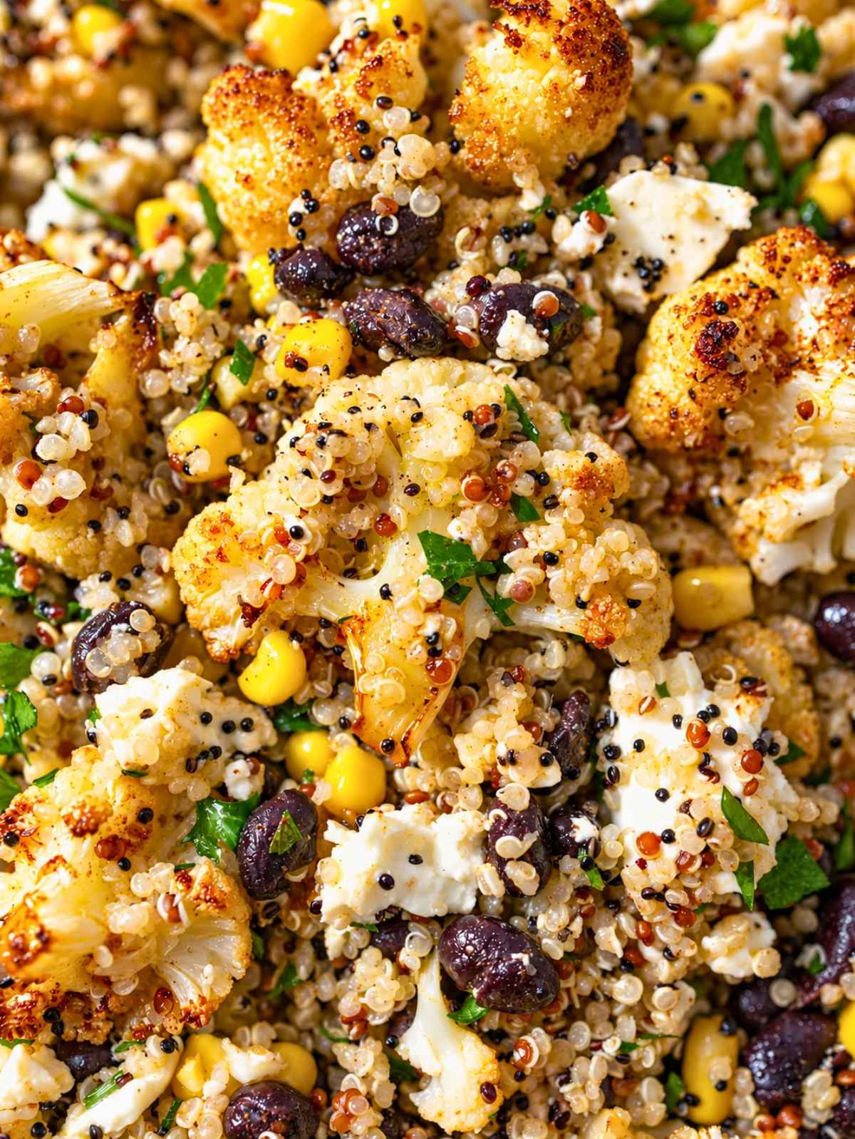 Close-up of golden cauliflower, black beans, fluffy quinoa, and crumbled feta