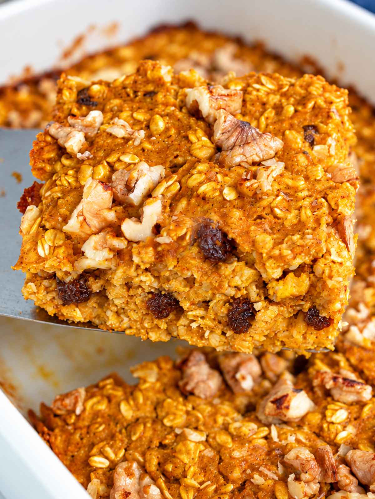 Close-up of moist pumpkin oatmeal showing chewy oats, raisins, and crunchy walnuts.