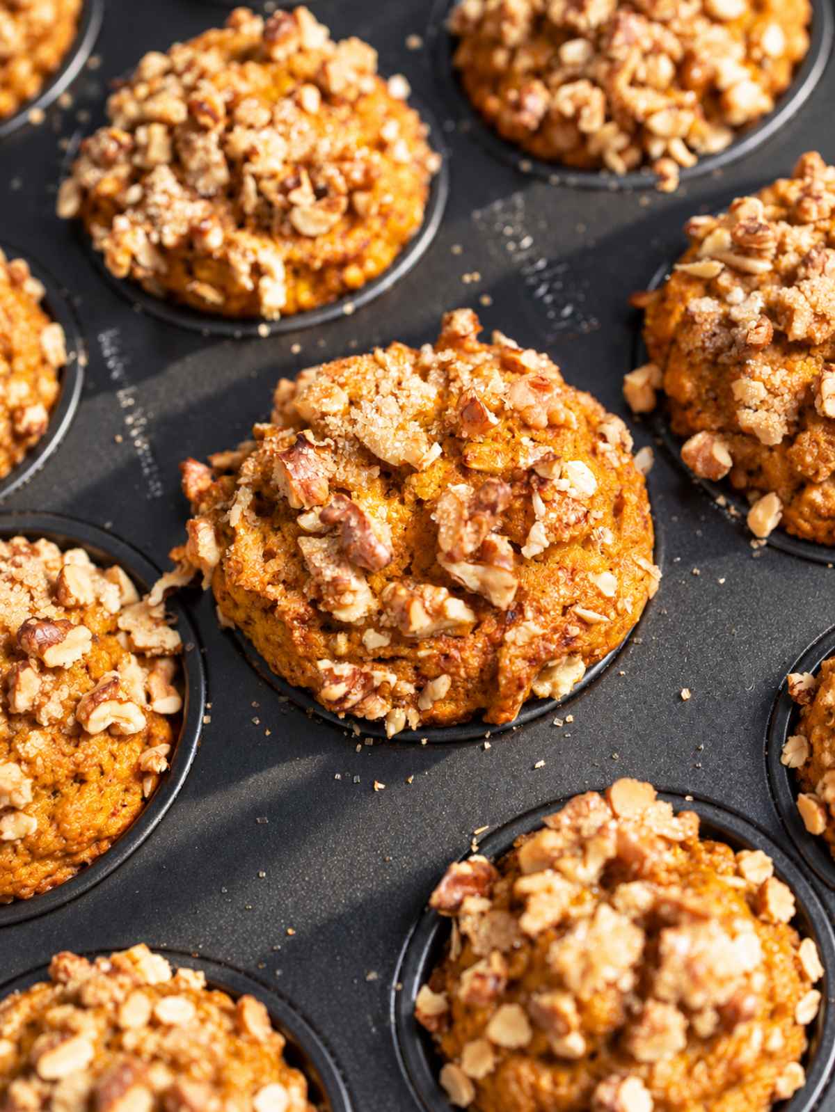 Close-up of pumpkin muffins showing its moist crumb and oats.