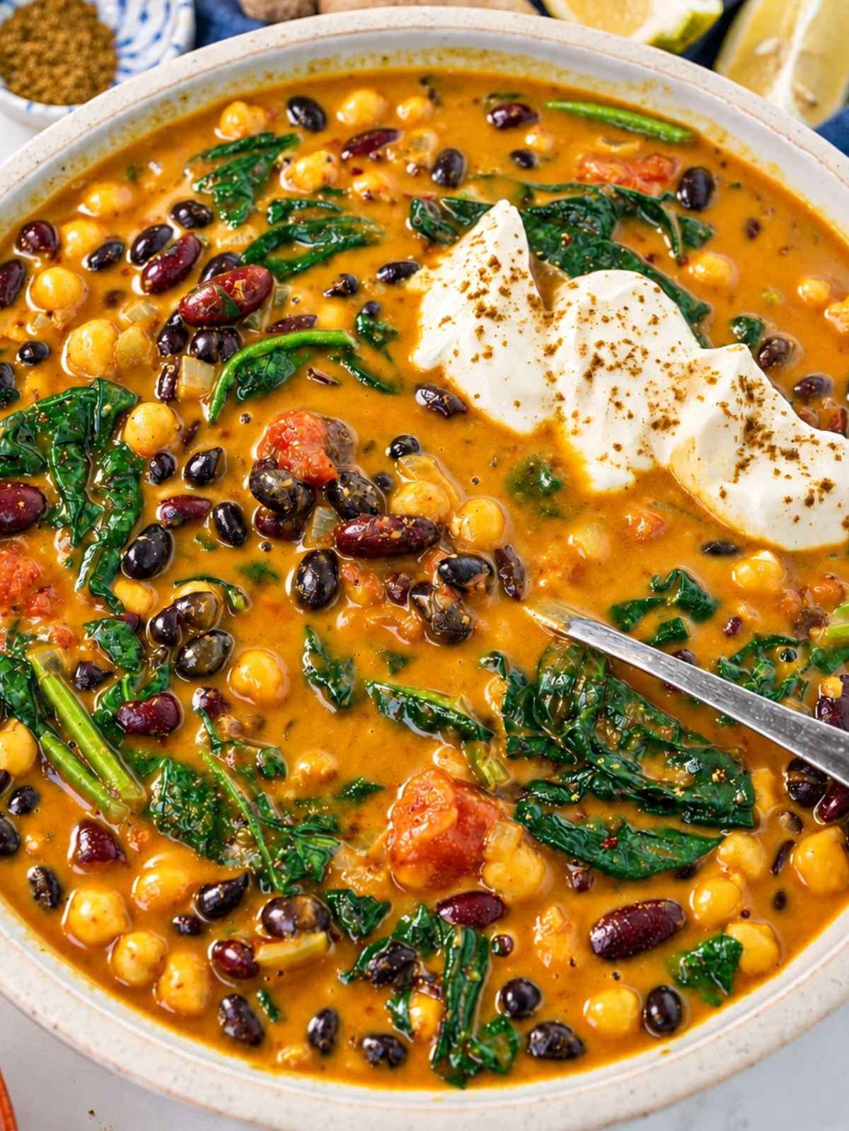 Creamy three bean curry served with yogurt.