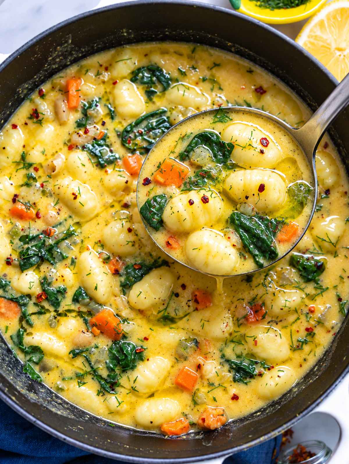 Flat lay of glossy gnocchi, white beans, carrots, spinach, and creamy broth in a pot.