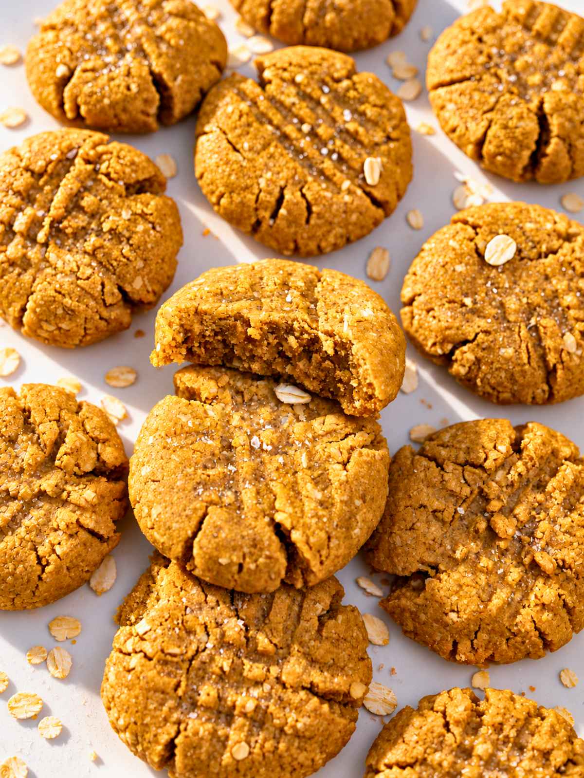 Golden peanut butter cookies with cracked tops and crumbly centers.