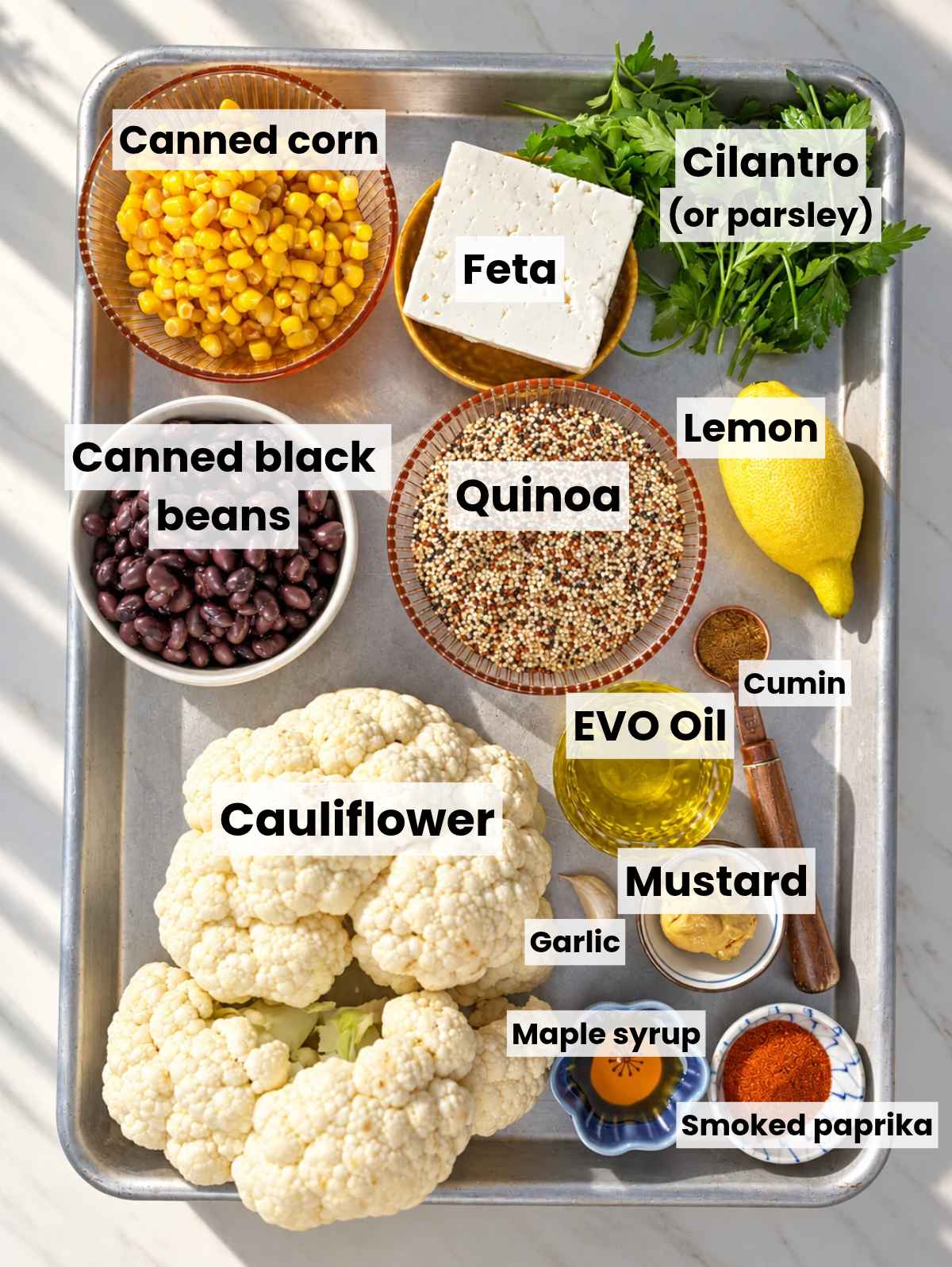 Ingredients for cauliflower quinoa bowl.