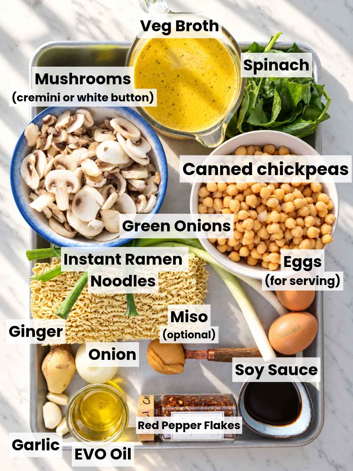 Ingredients for chickpea ramen soup.
