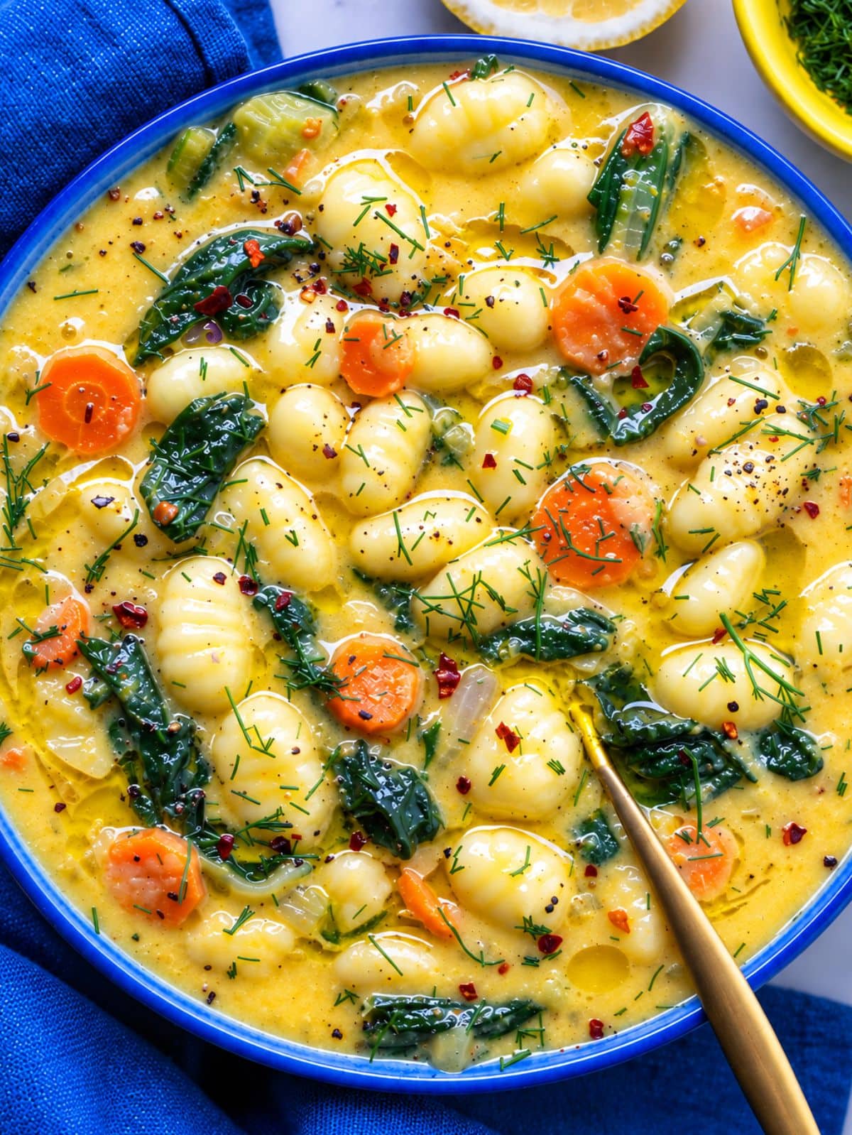 Lemon gnocchi soup with creamy white beans, carrots, spinach, and dill.