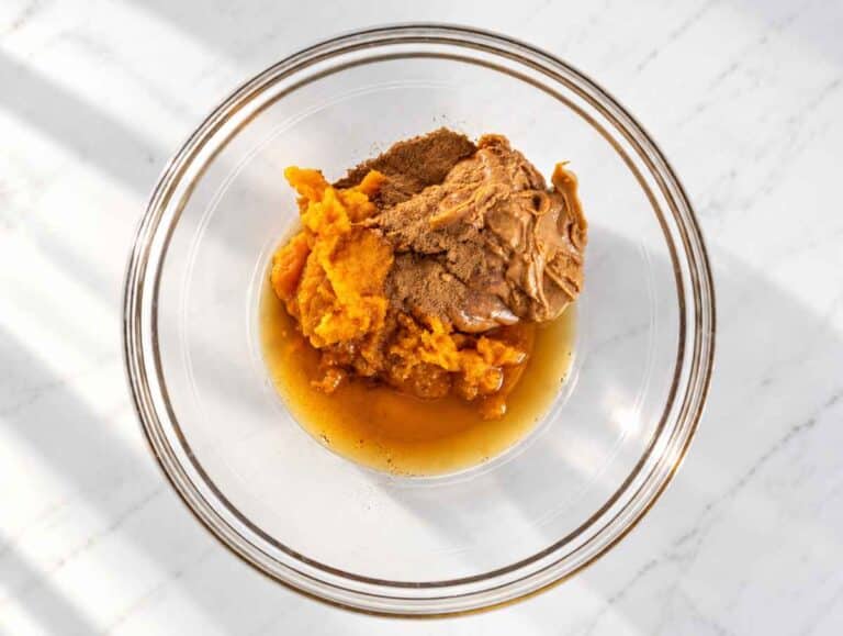 Step 1 Pumpkin pureฬe, peanut butter, maple syrup, and spices mixed until smooth.