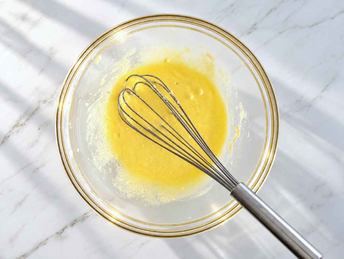 Step 1 – Butter, sugar, egg, and vanilla mixed into a creamy mixture in a bowl.