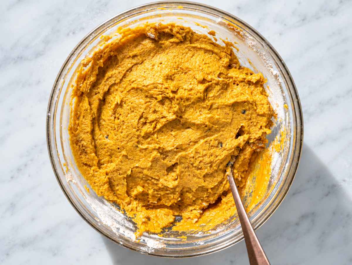 Step 2 Flour, cinnamon, ginger, nutmeg, allspice, and leaveners added to pumpkin mixture.