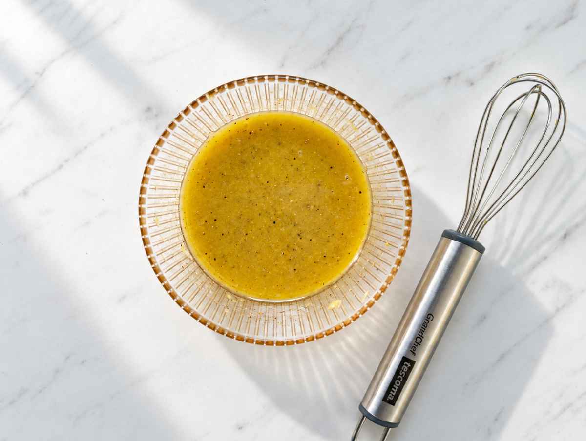 Step 2 Honey mustard dressing in a bowl with garlic and lemon zest.