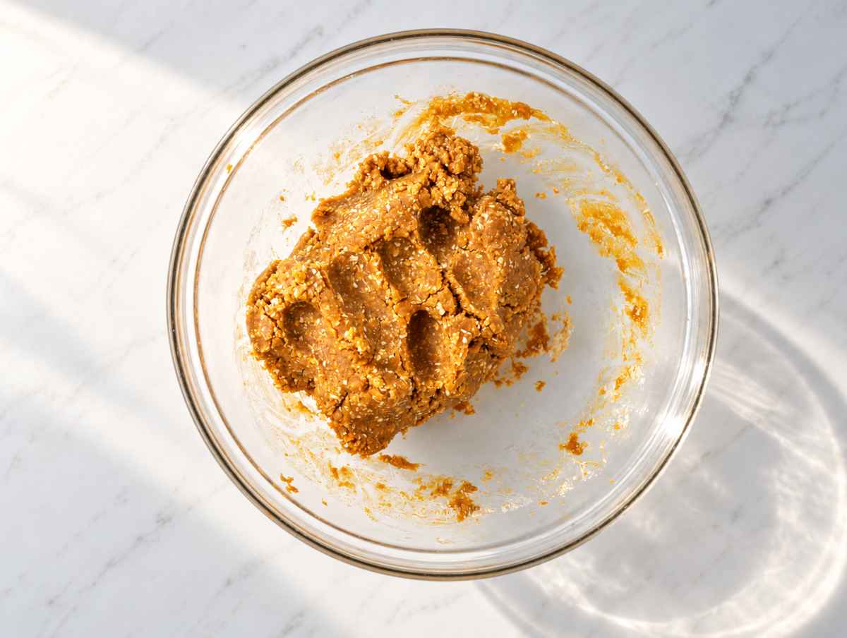 Step 2 Thick peanut butter cookie dough coming together in a mixing bowl.