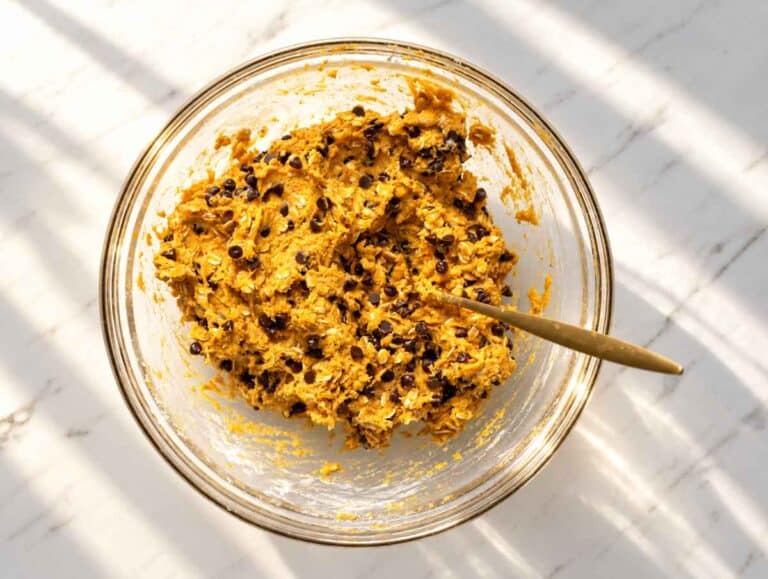Step 2 Thick pumpkin cookie dough mixed with oats and mini dark chocolate chips.