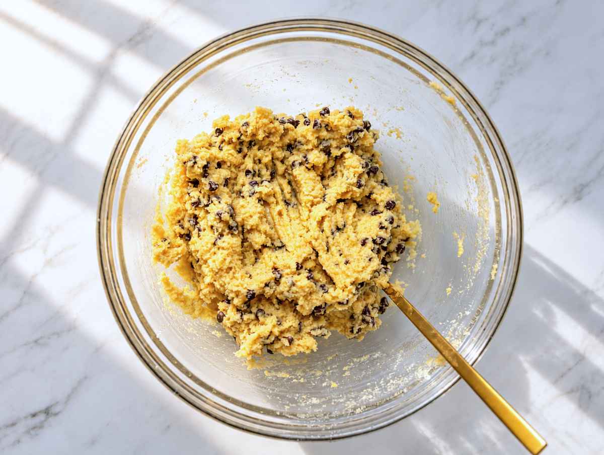 Step 2 – Thick almond and oat flour cookie dough filled with mini dark chocolate chips.