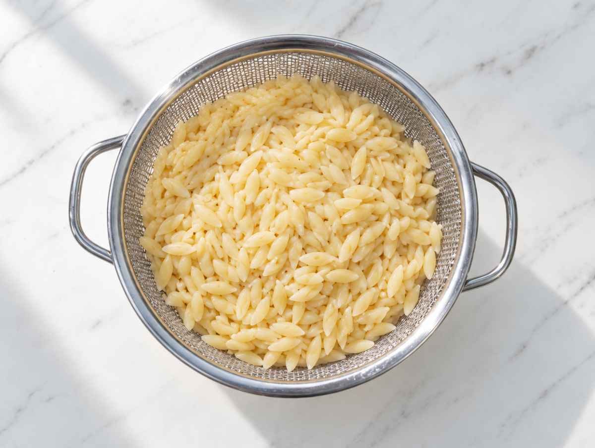 Step 3 Tender cooked orzo draining in a colander.