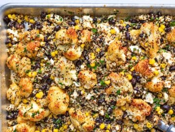 Step 3 – Quinoa, roasted cauliflower, black beans, corn, and feta tossed together.