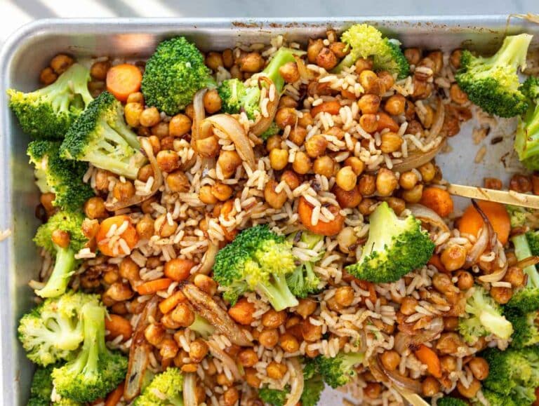 Step 4 Cooked rice and broccoli mixed with roasted chickpeas and carrots.