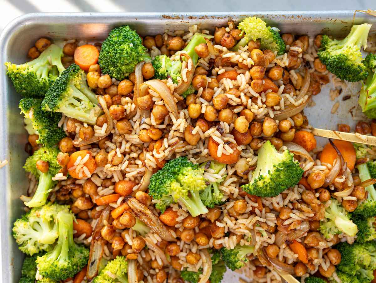 Step 4 Cooked rice and broccoli mixed with roasted chickpeas and carrots.