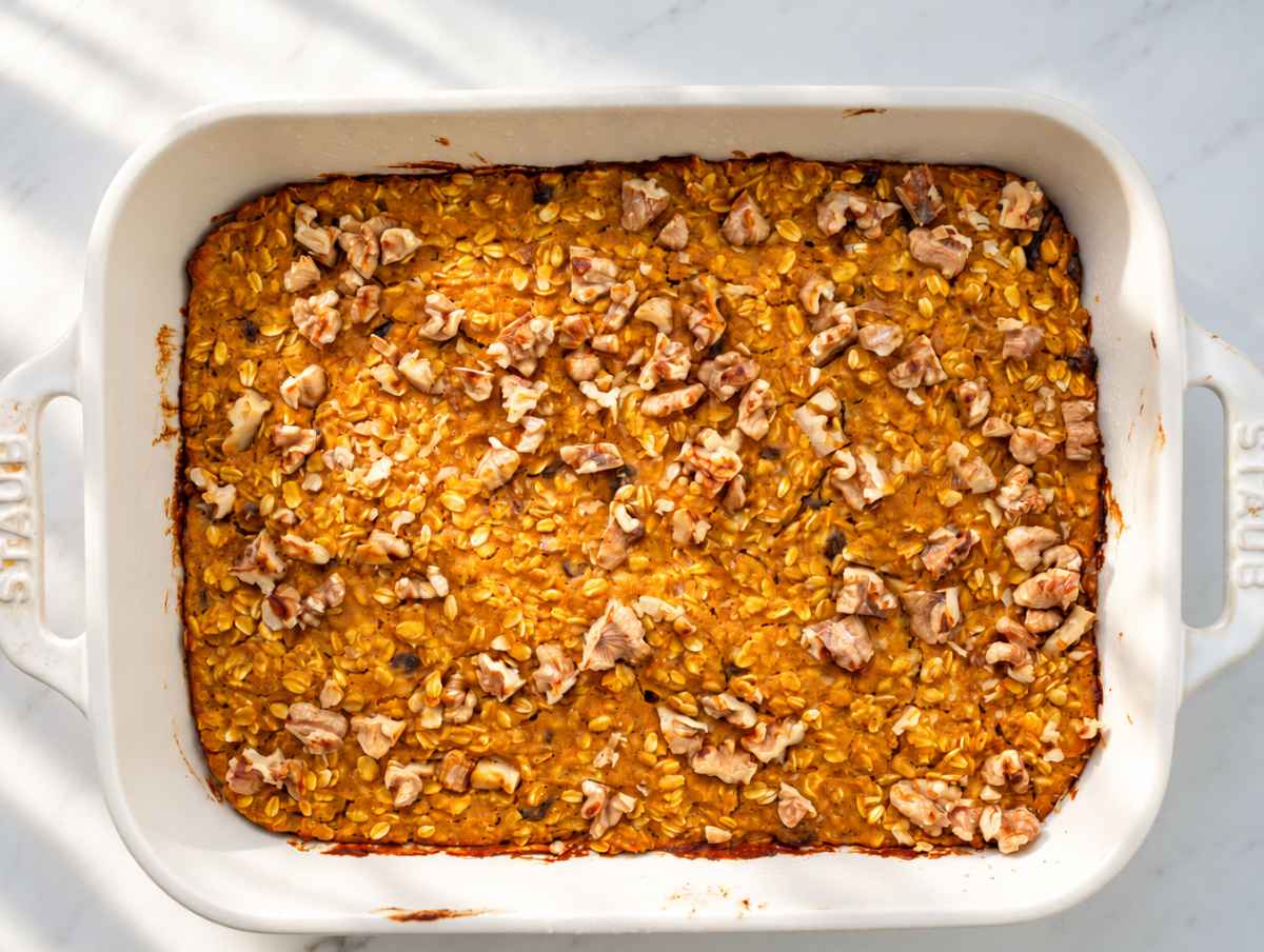 Step 4 Golden baked pumpkin oatmeal with a lightly toasted walnut topping.