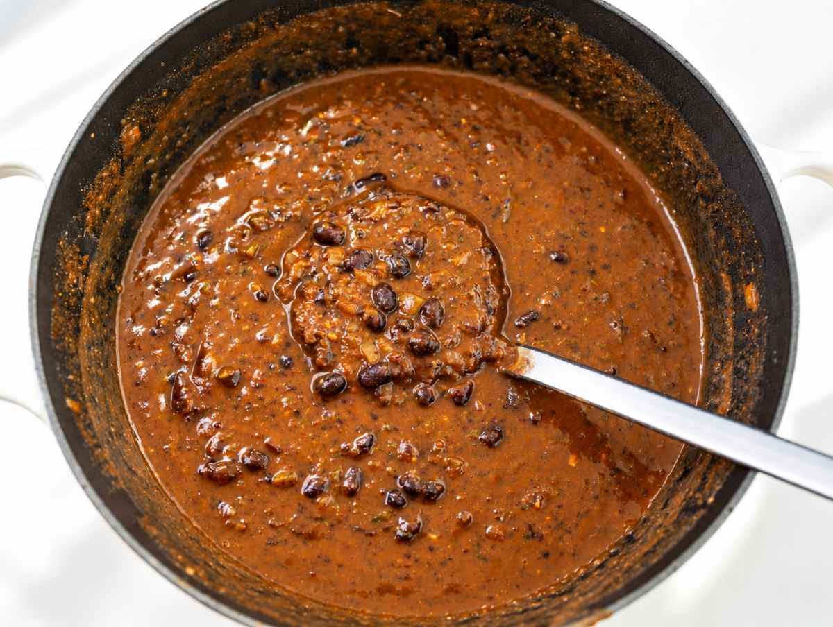 Step 4 Immersion blender partially blending black beans into a thick, creamy soup.