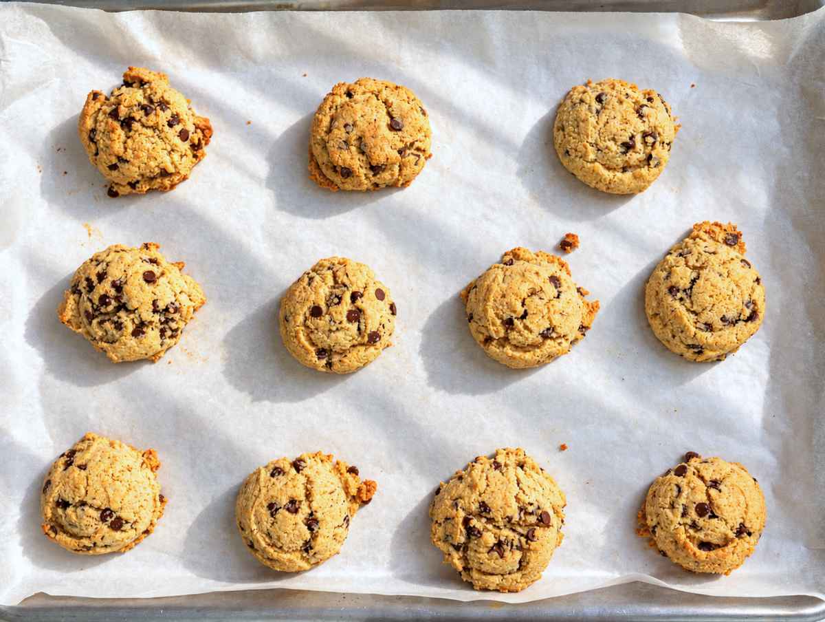 Step 4 – Thick, golden chocolate chip cookies cooling on baking sheet.