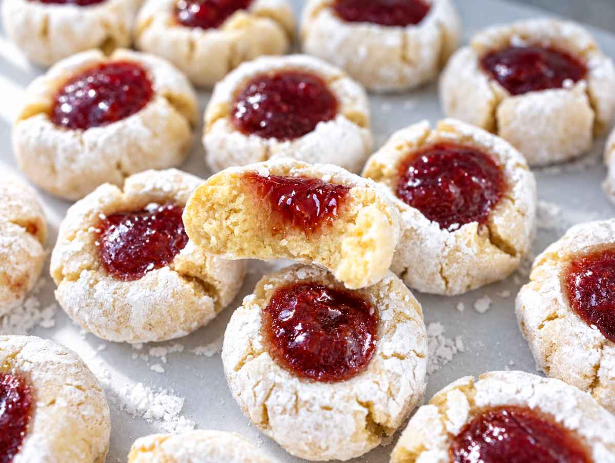Step 5 Freshly baked jam thumbprint cookies cooling on a parchment-lined tray.