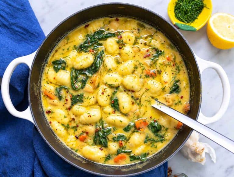 Step 5 Spinach and fresh dill stirred into creamy lemon gnocchi soup.