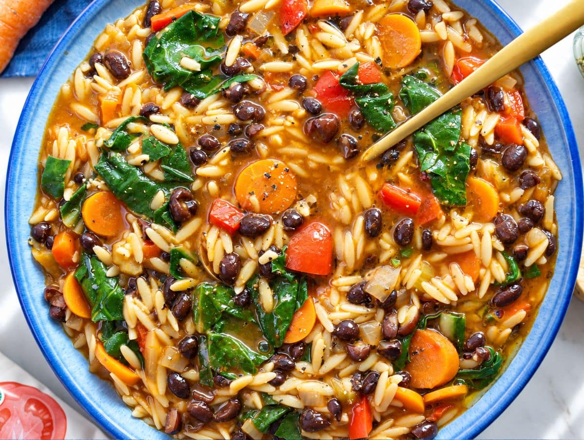 Colorful Orzo Rice Black Bean Orzo Soup (Healthy in 30) - The Plant Based School