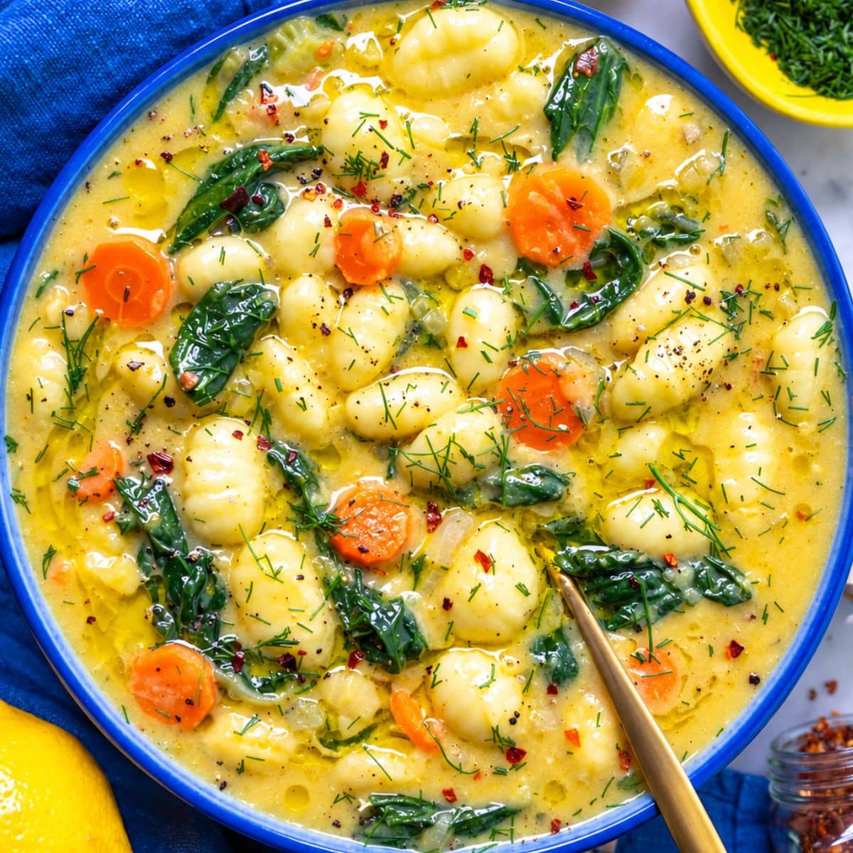 Sunlit lemon gnocchi soup with plump gnocchi, white beans, and vegetables in a bowl.