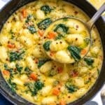 Sunlit lemon gnocchi soup with plump gnocchi, white beans, and vegetables in a pot.
