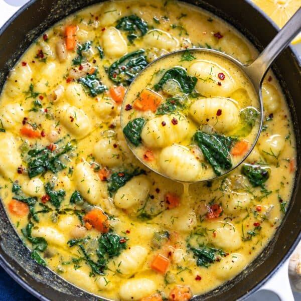 Sunlit lemon gnocchi soup with plump gnocchi, white beans, and vegetables in a pot.